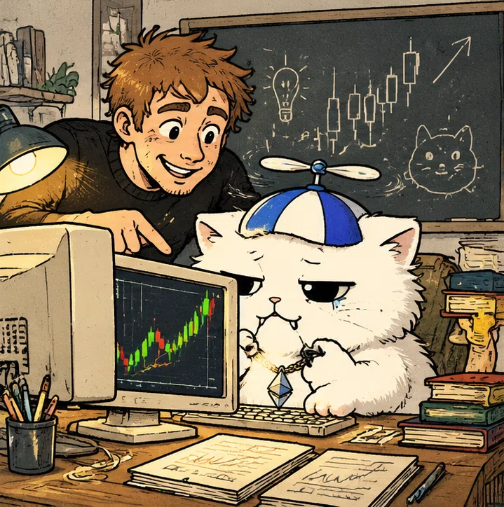 A human teaches a serious young BYBOOP to read crypto trading charts