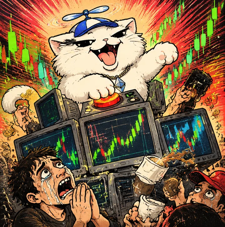 An overconfident BYBOOP presses the trade button atop computers while human traders react chaotically